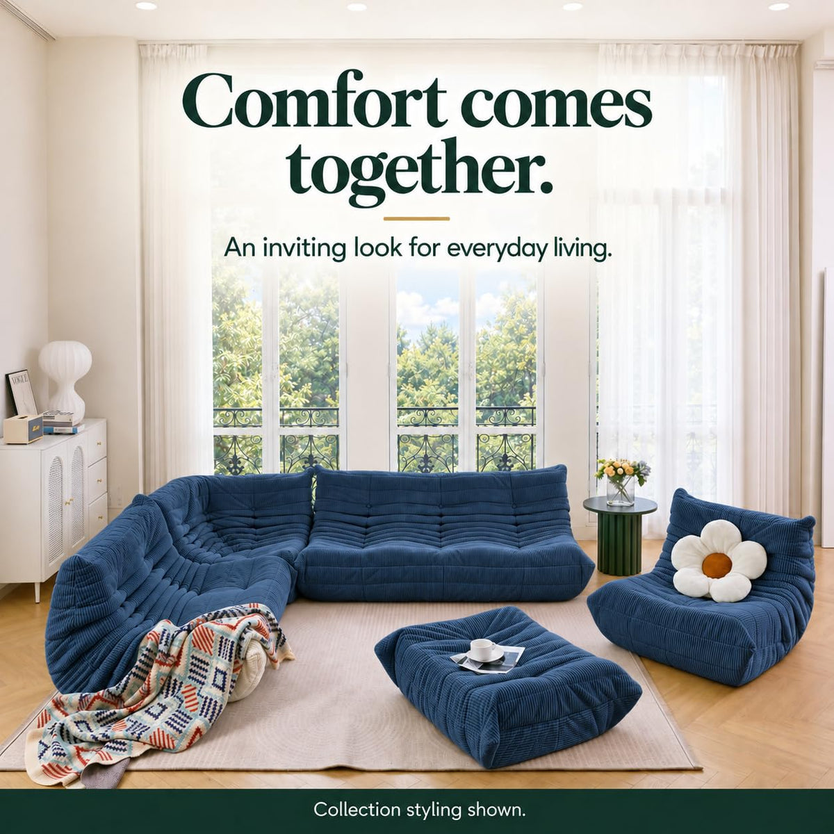 N&V Fireside Three Seater Sofa Mid Century Prussian Blue 169.9 x 95 x 74.9 NEW