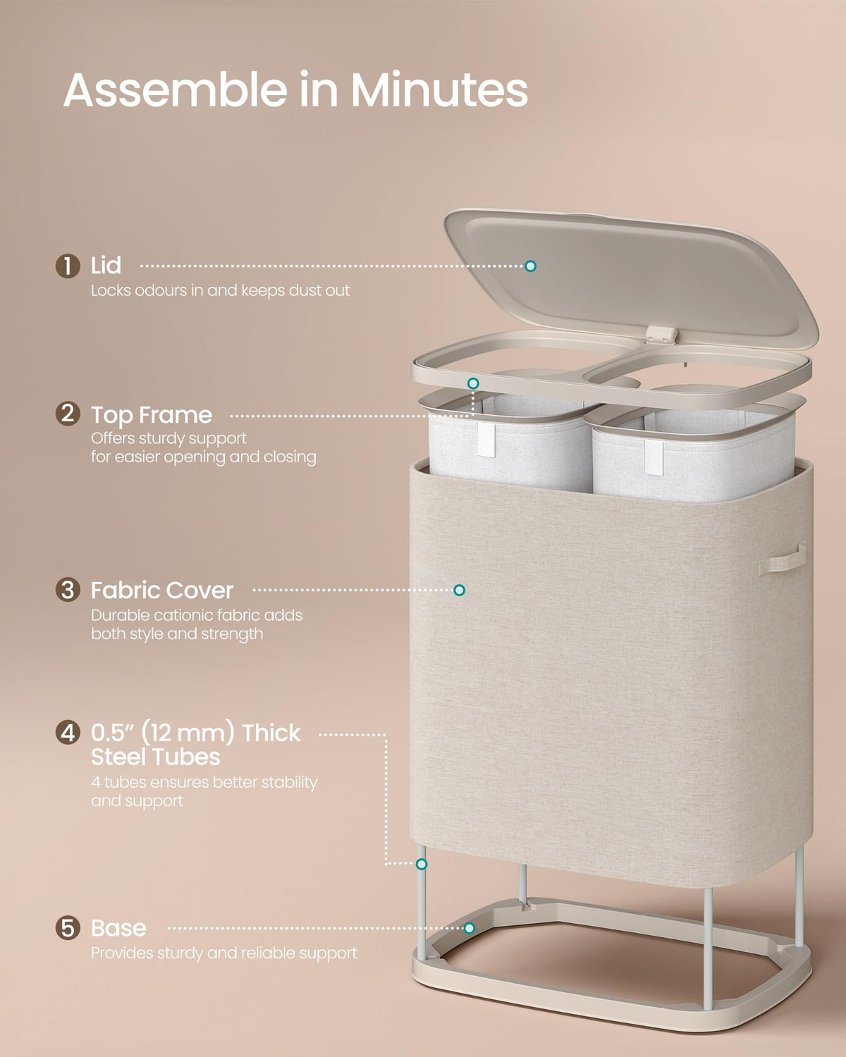 SONGMICS 160L Grey Laundry Basket with Lid & Removable Wash Bags Size 56 x NEW
