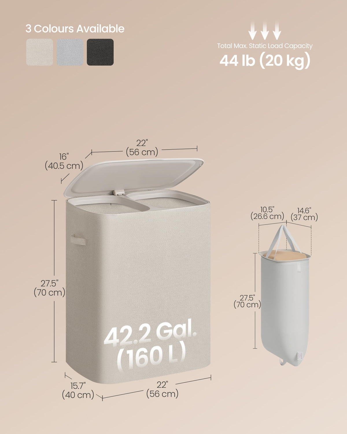 SONGMICS 160L Grey Laundry Basket with Lid & Removable Wash Bags Size 56 x NEW