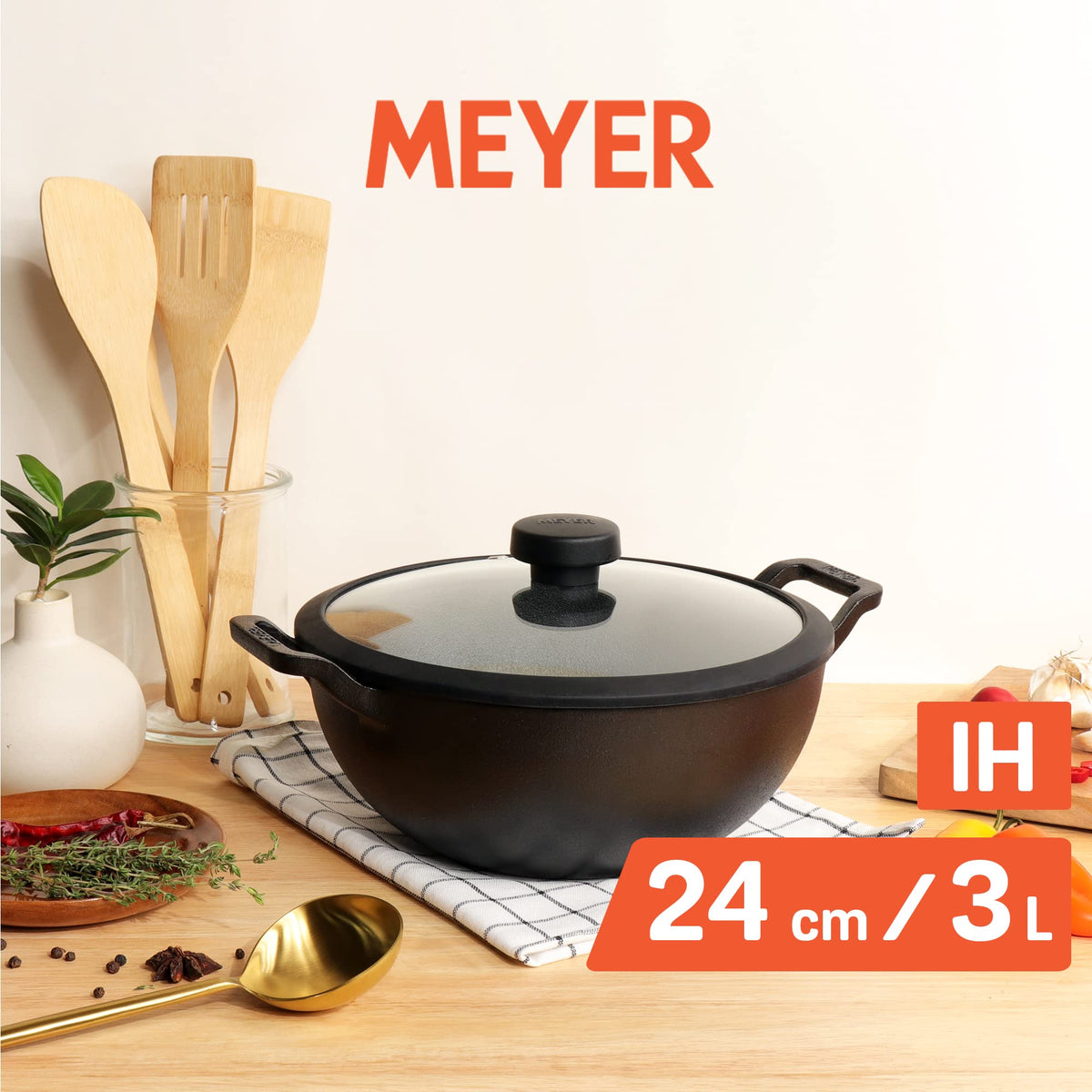 Meyer 24cm Cast Iron Frying Pan Pre-Seasoned Black Glass Lid Size 24cm NEW
