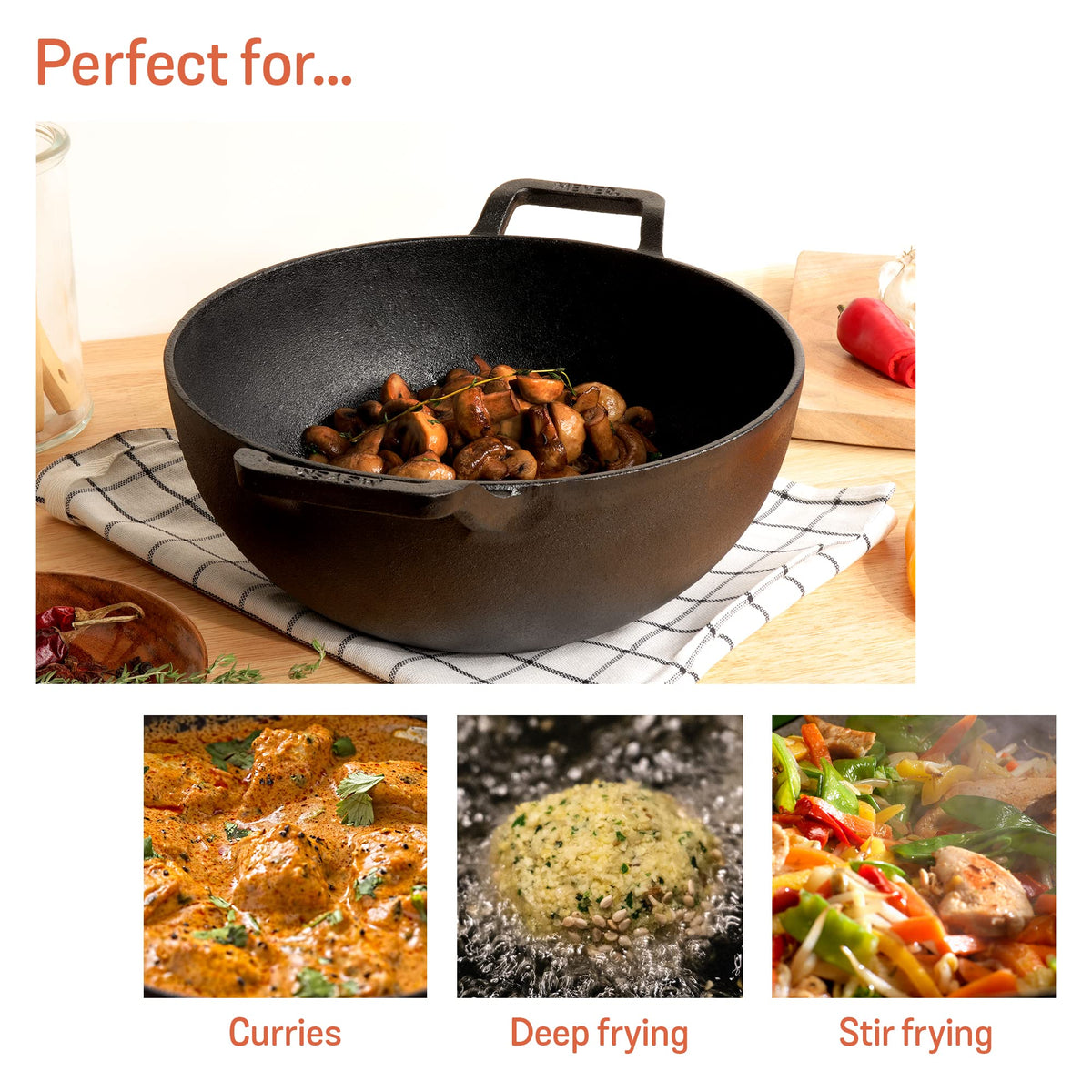 Meyer 24cm Cast Iron Frying Pan Pre-Seasoned Black Glass Lid Size 24cm NEW