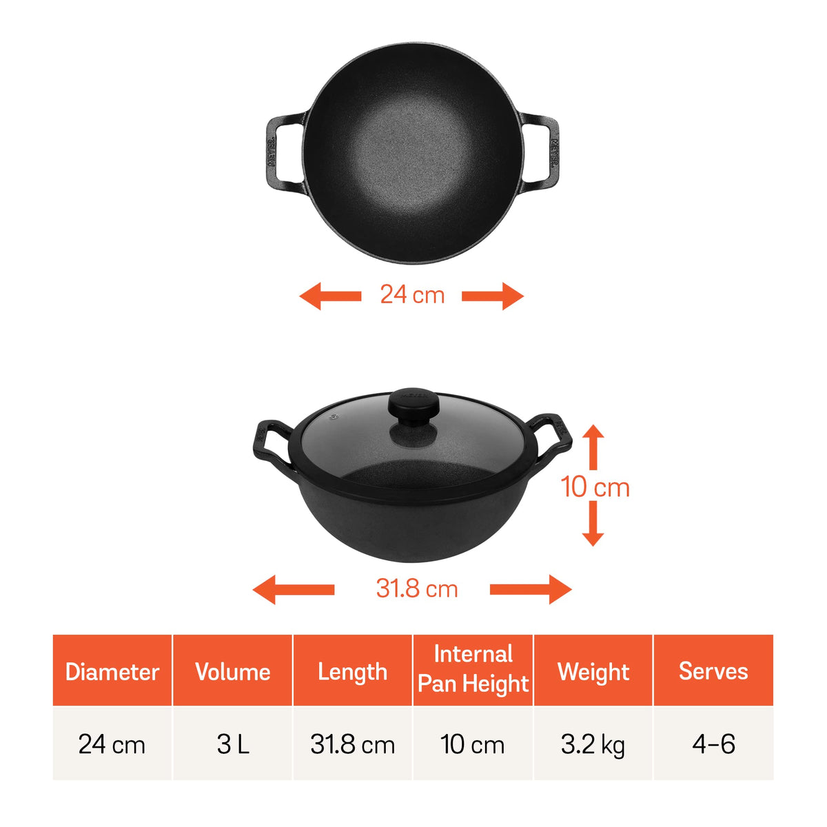 Meyer 24cm Cast Iron Frying Pan Pre-Seasoned Black Glass Lid Size 24cm NEW