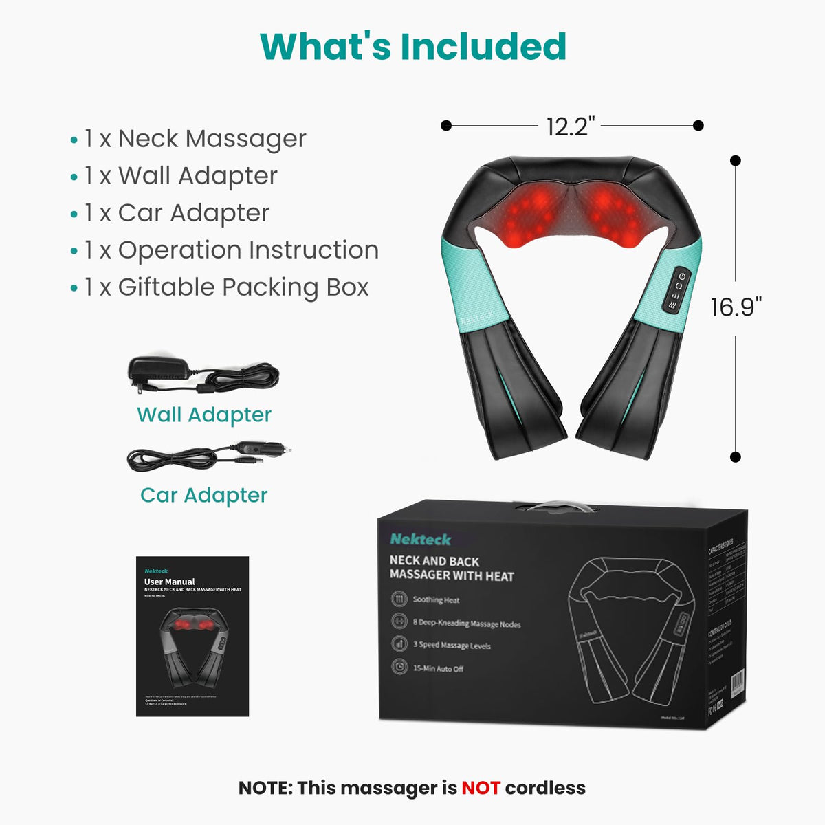 Nekteck Shiatsu Neck Massager with Heat - Pain Relief Black Mint NEW