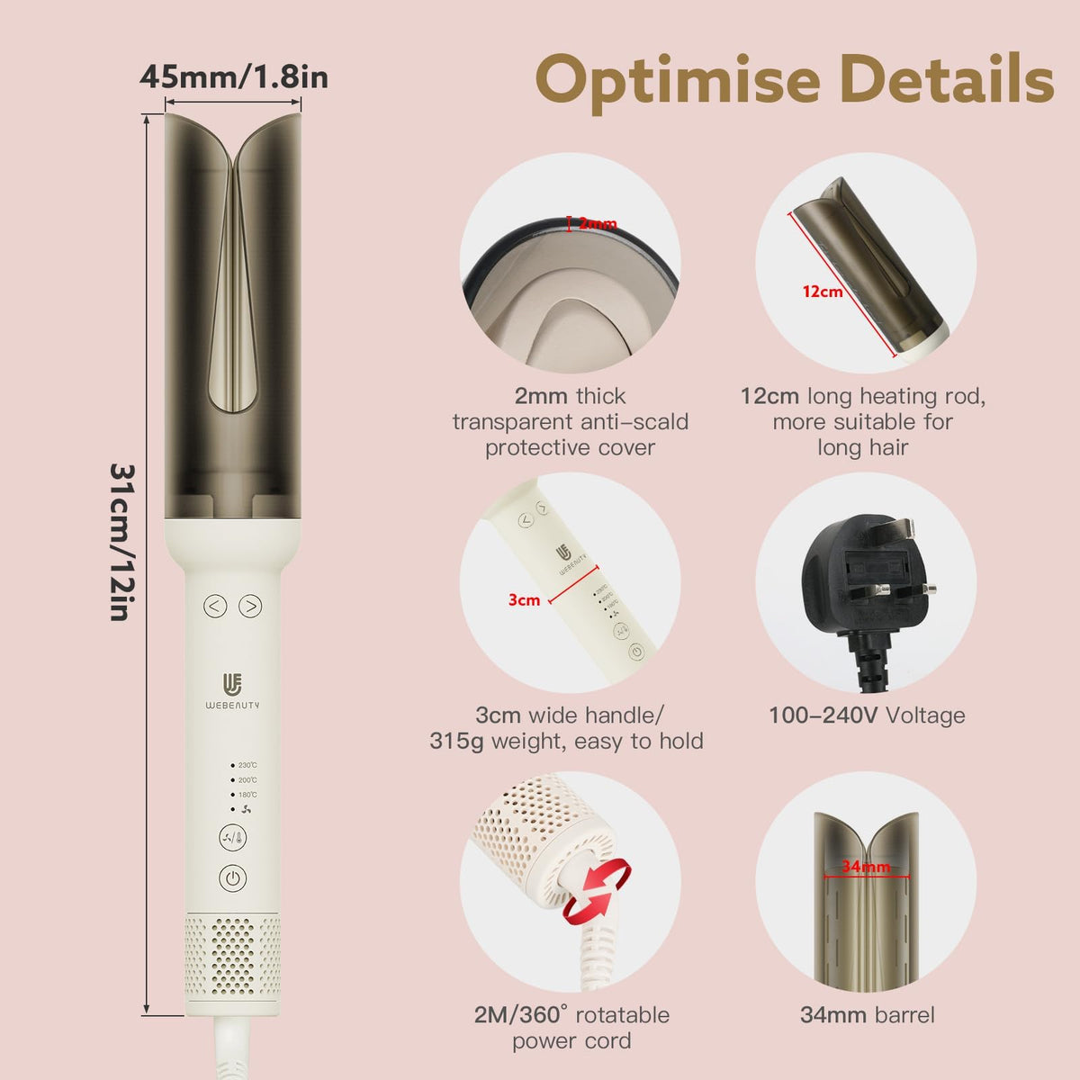 webeauty 27mm Automatic Curling Tongs Ceramic Tourmaline White NEW