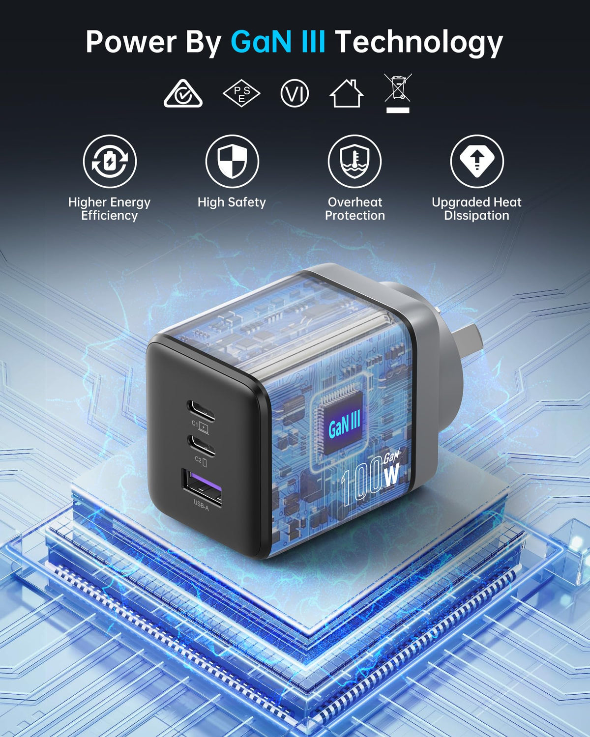 NOVOO 100W GaN III USB-C Mains Charger 3-Port Fast Charging Black DEMO