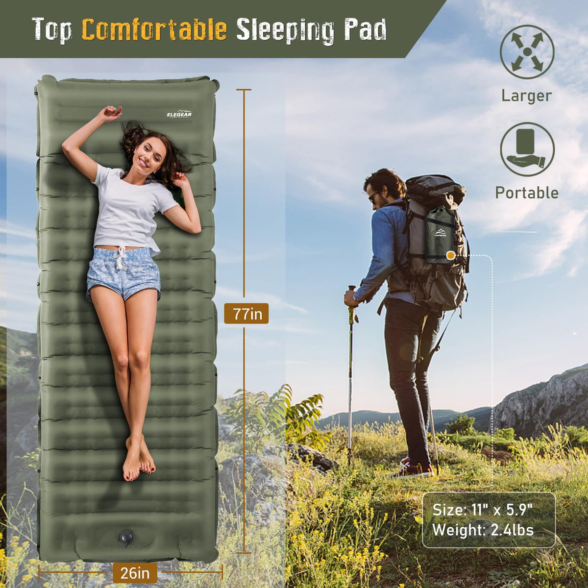 Elegear Self-Inflating Sleeping Mat Built-in Pillow Green Size 193x63x14CM DEMO