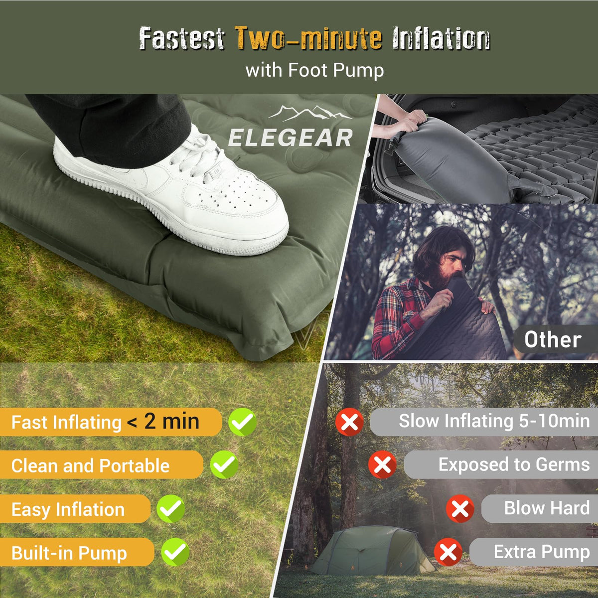 Elegear Self-Inflating Sleeping Mat Built-in Pillow Green Size 193x63x14CM DEMO