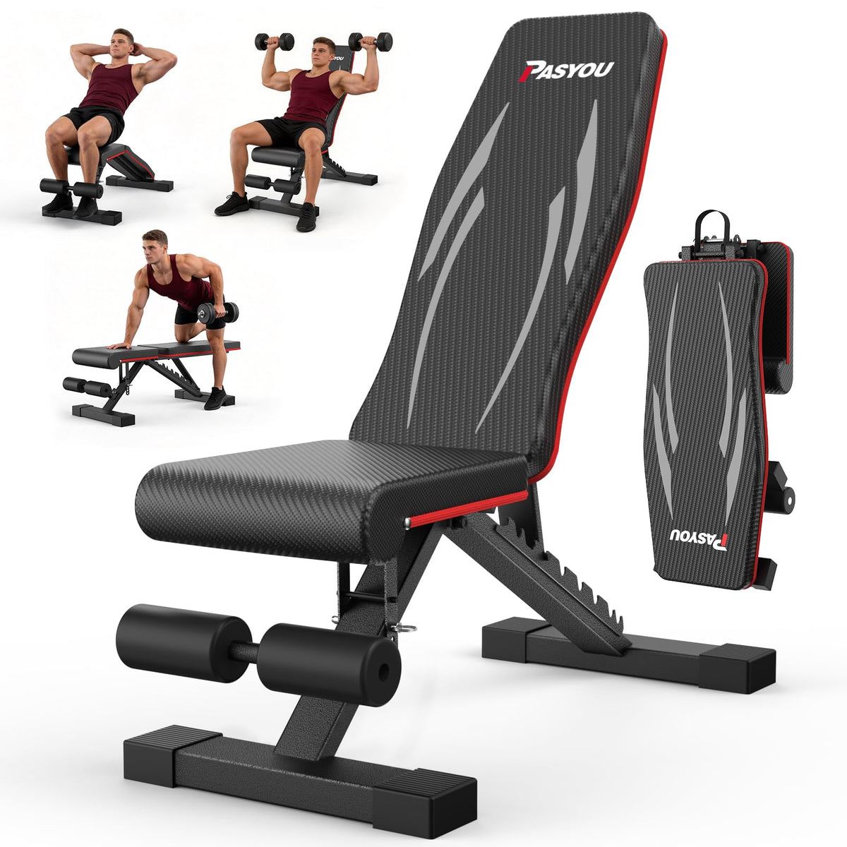 PASYOU Foldable Weight Bench Black Red 300kg Capacity Adjustable DEMO
