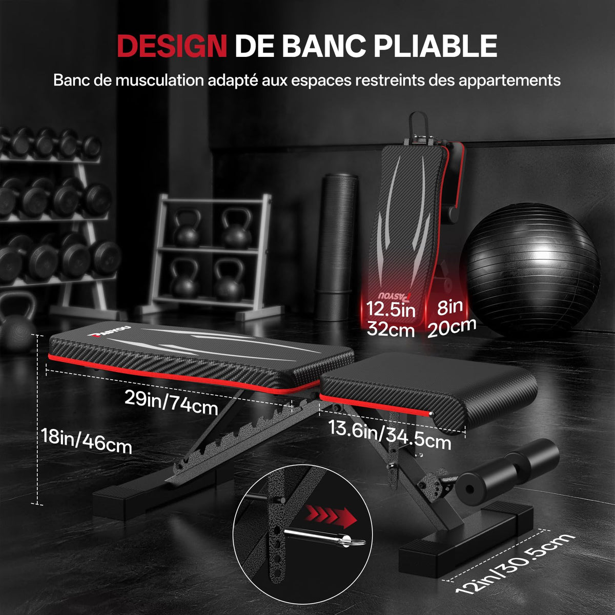 PASYOU Foldable Weight Bench Black Red 300kg Capacity Adjustable DEMO