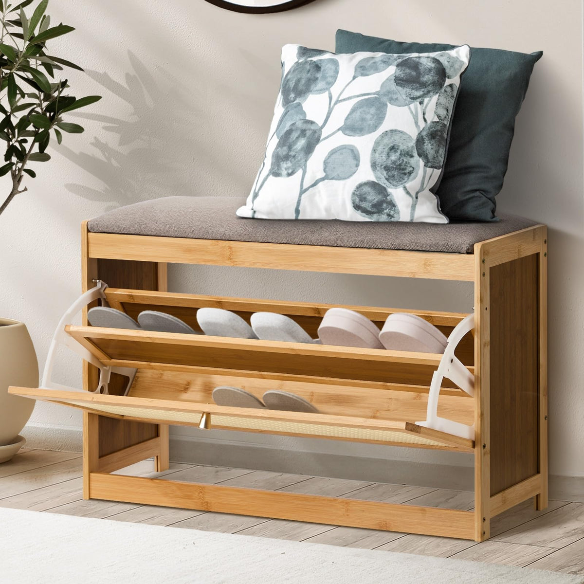 Oikiture Bamboo Storage Bench with Flip Drawers - Natural DEMO