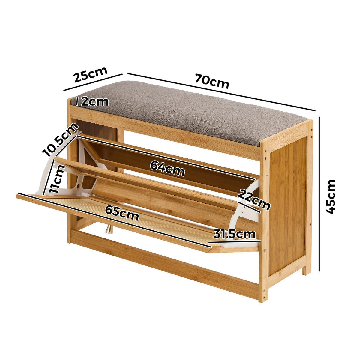 Oikiture Bamboo Storage Bench with Flip Drawers - Natural DEMO