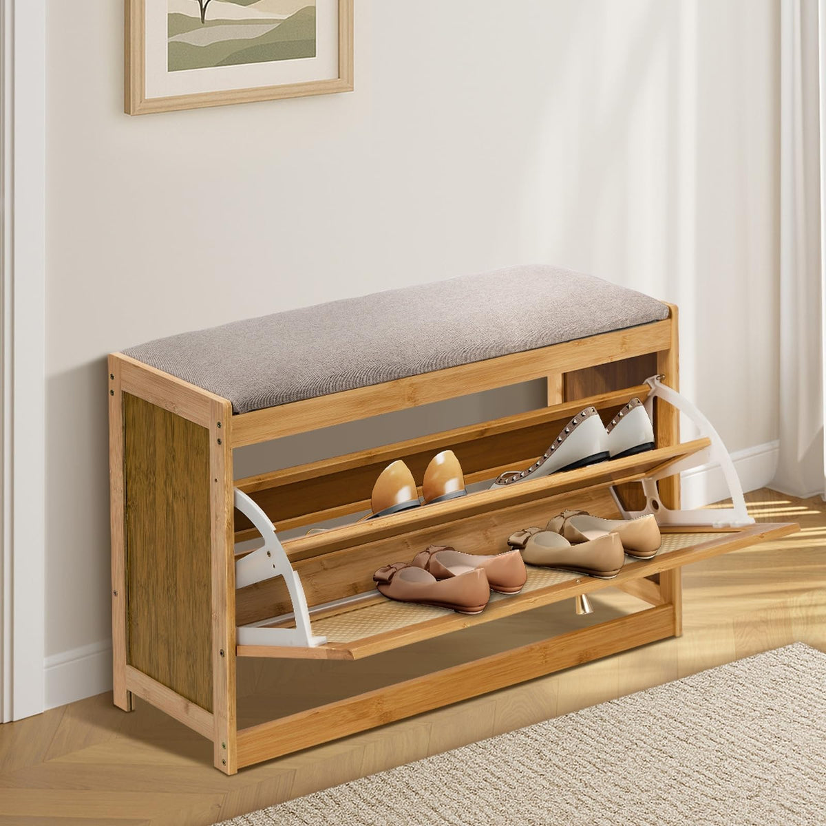 Oikiture Bamboo Storage Bench with Flip Drawers - Natural DEMO