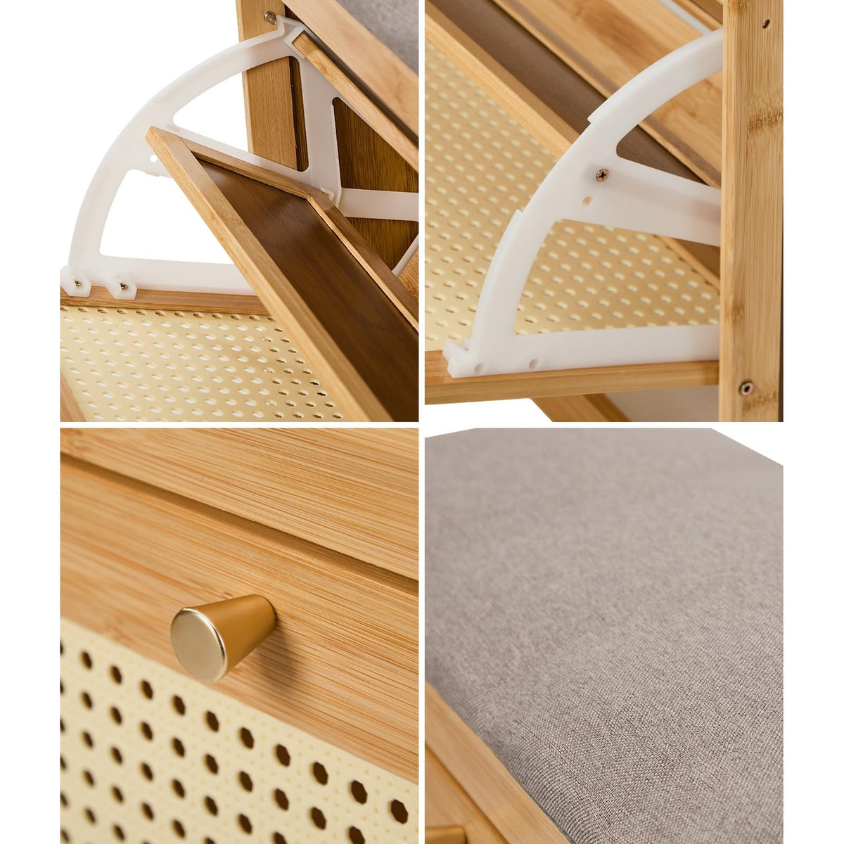 Oikiture Bamboo Storage Bench with Flip Drawers - Natural DEMO