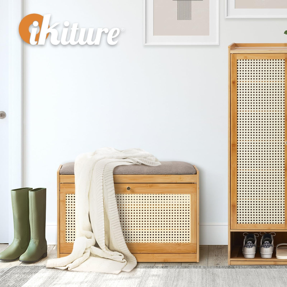Oikiture Bamboo Storage Bench with Flip Drawers - Natural DEMO