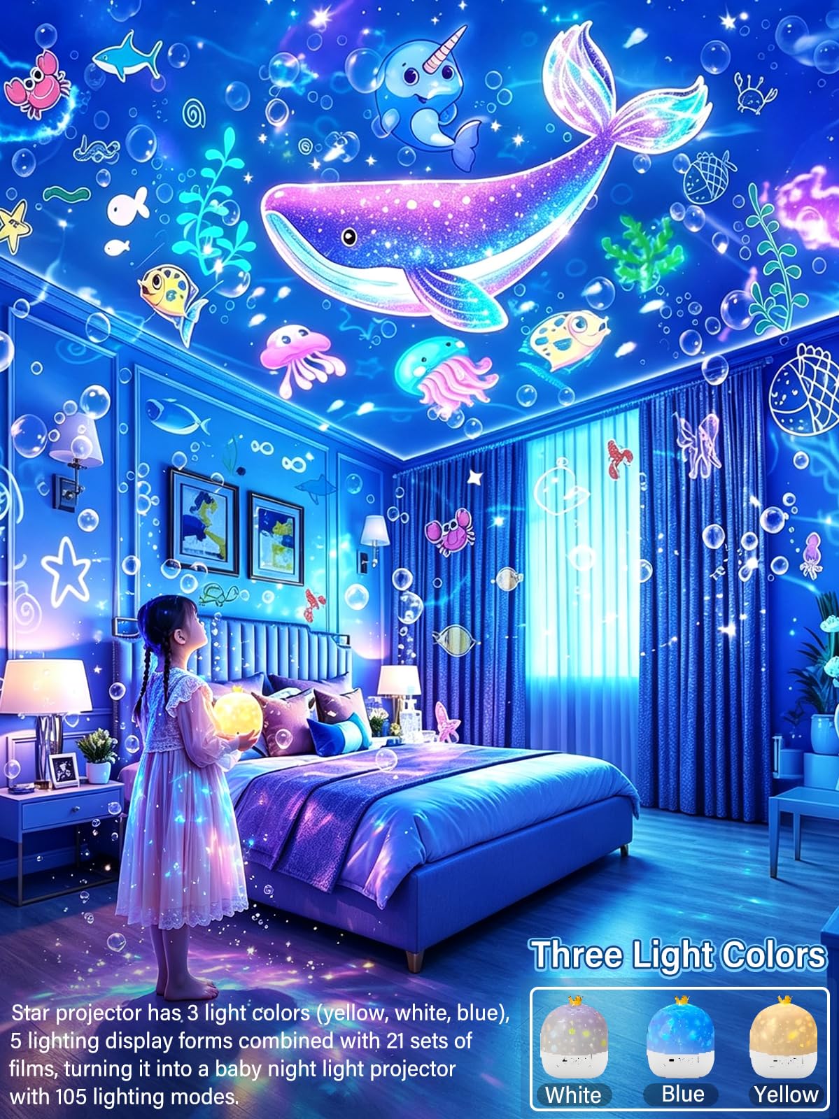 White Galaxy Projector Night Light for Kids | 21 Slides 360° NEW