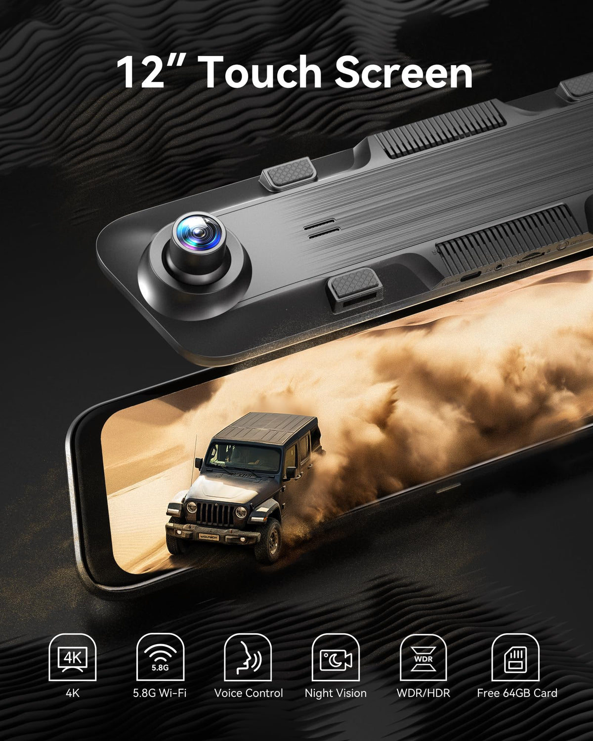 WOLFBOX G850 On-Dash-Monitoring 4K Mirror Dash Cam 12" Front Rear WiFi DEMO