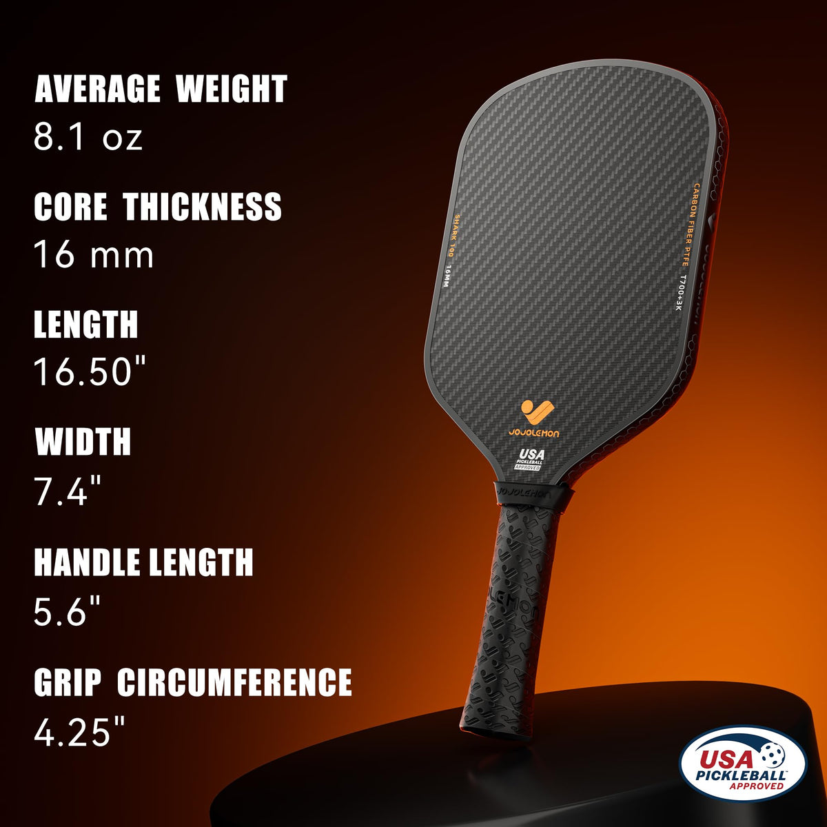 Jojolemon Pickleball Paddles 3K Carbon Fiber 16mm Core Black NEW