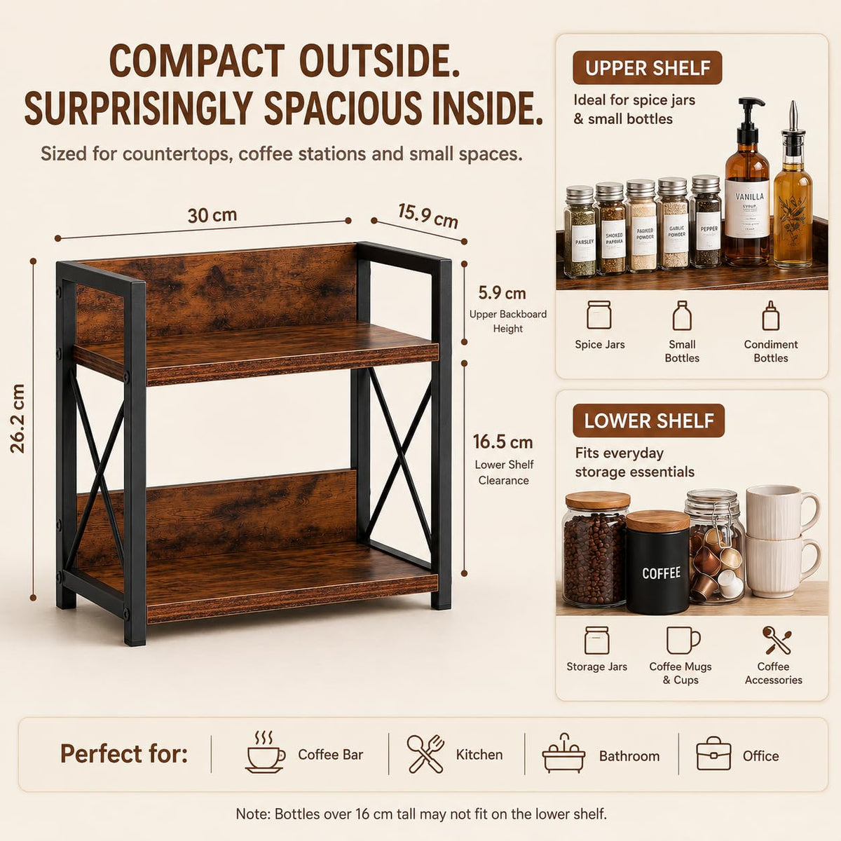 2 Tier Dark Brown Countertop Shelf Organizer for Kitchen Spice Rack NEW