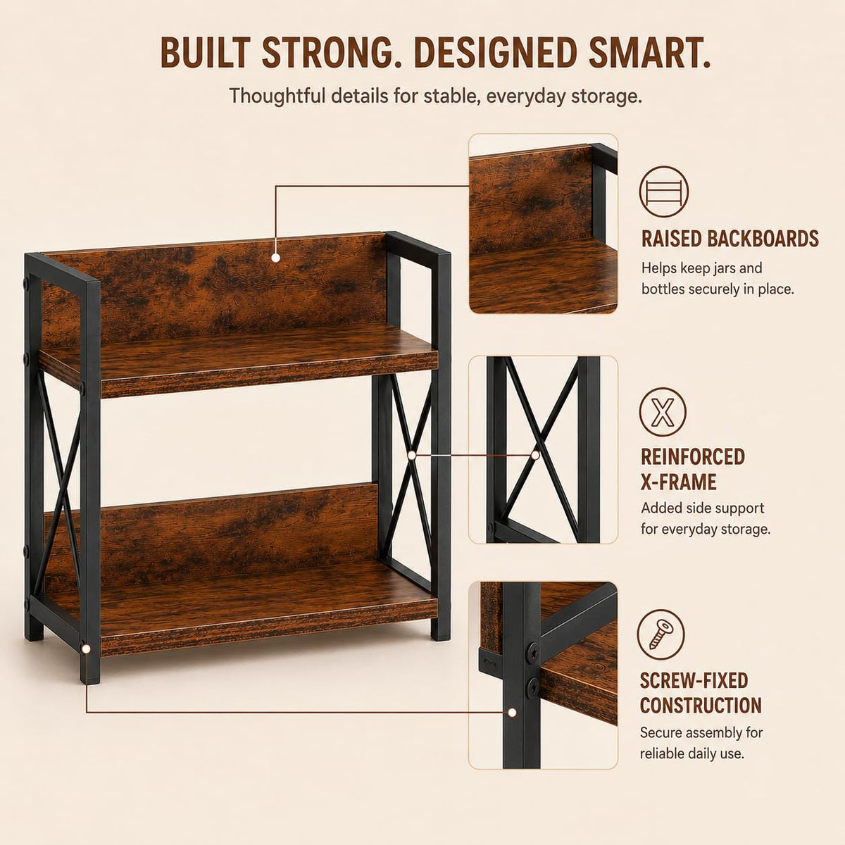 2 Tier Dark Brown Countertop Shelf Organizer for Kitchen Spice Rack NEW