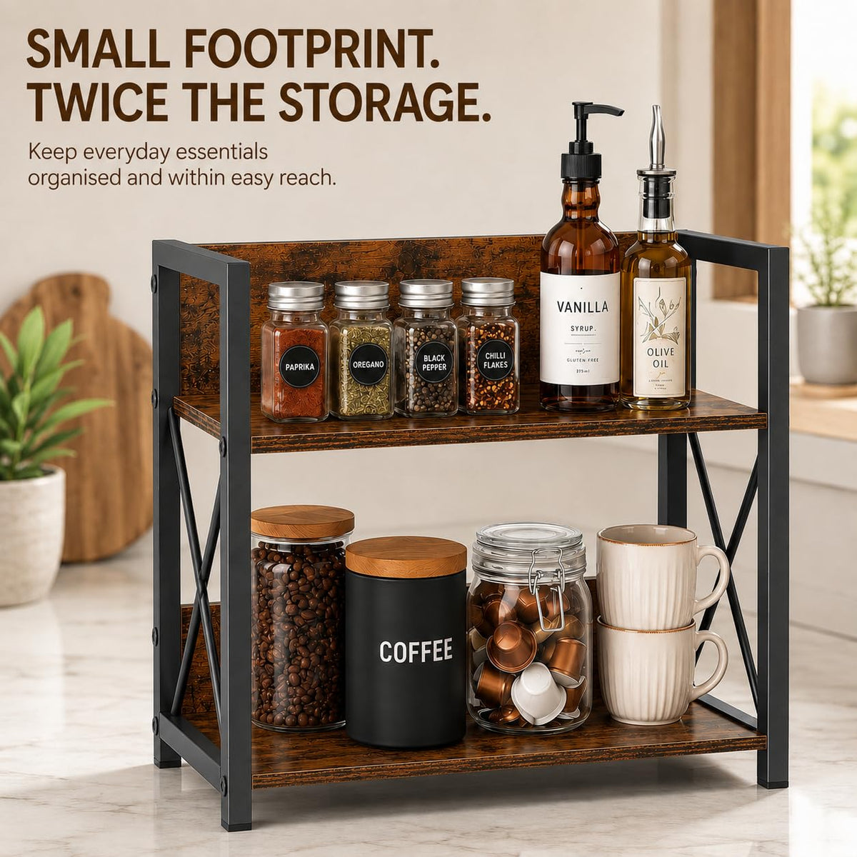 2 Tier Dark Brown Countertop Shelf Organizer for Kitchen Spice Rack NEW