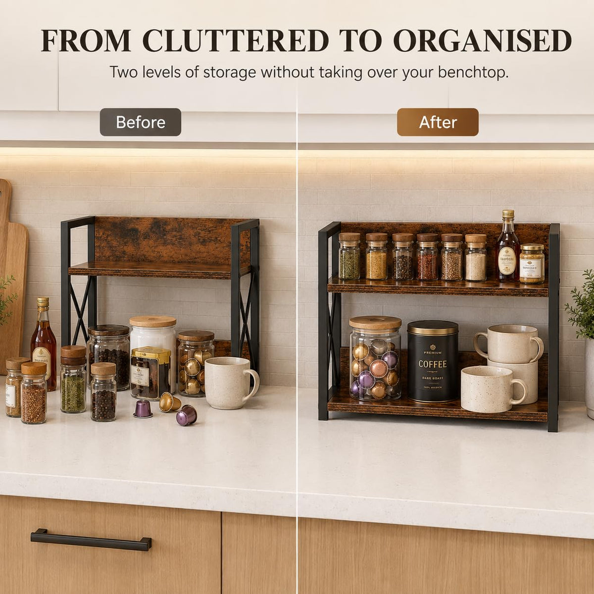 2 Tier Dark Brown Countertop Shelf Organizer for Kitchen Spice Rack NEW