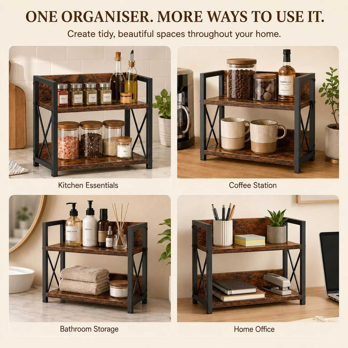 2 Tier Dark Brown Countertop Shelf Organizer for Kitchen Spice Rack NEW