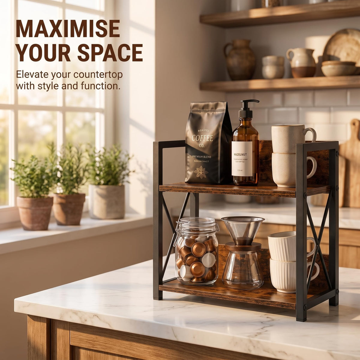 2 Tier Dark Brown Countertop Shelf Organizer for Kitchen Spice Rack NEW