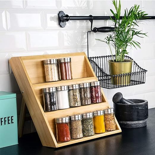 Bamboo Spice Rack 3 Tier Foldable Kitchen Storage Organizer Brown NEW