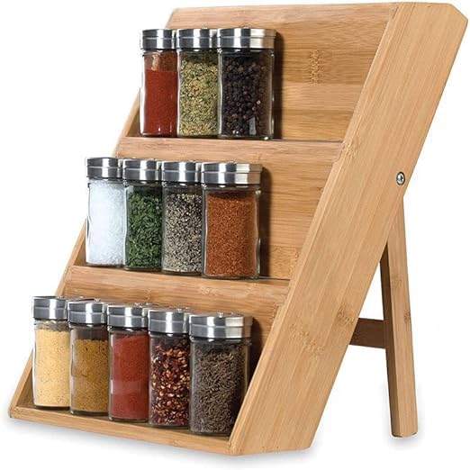 Bamboo Spice Rack 3 Tier Foldable Kitchen Storage Organizer Brown NEW