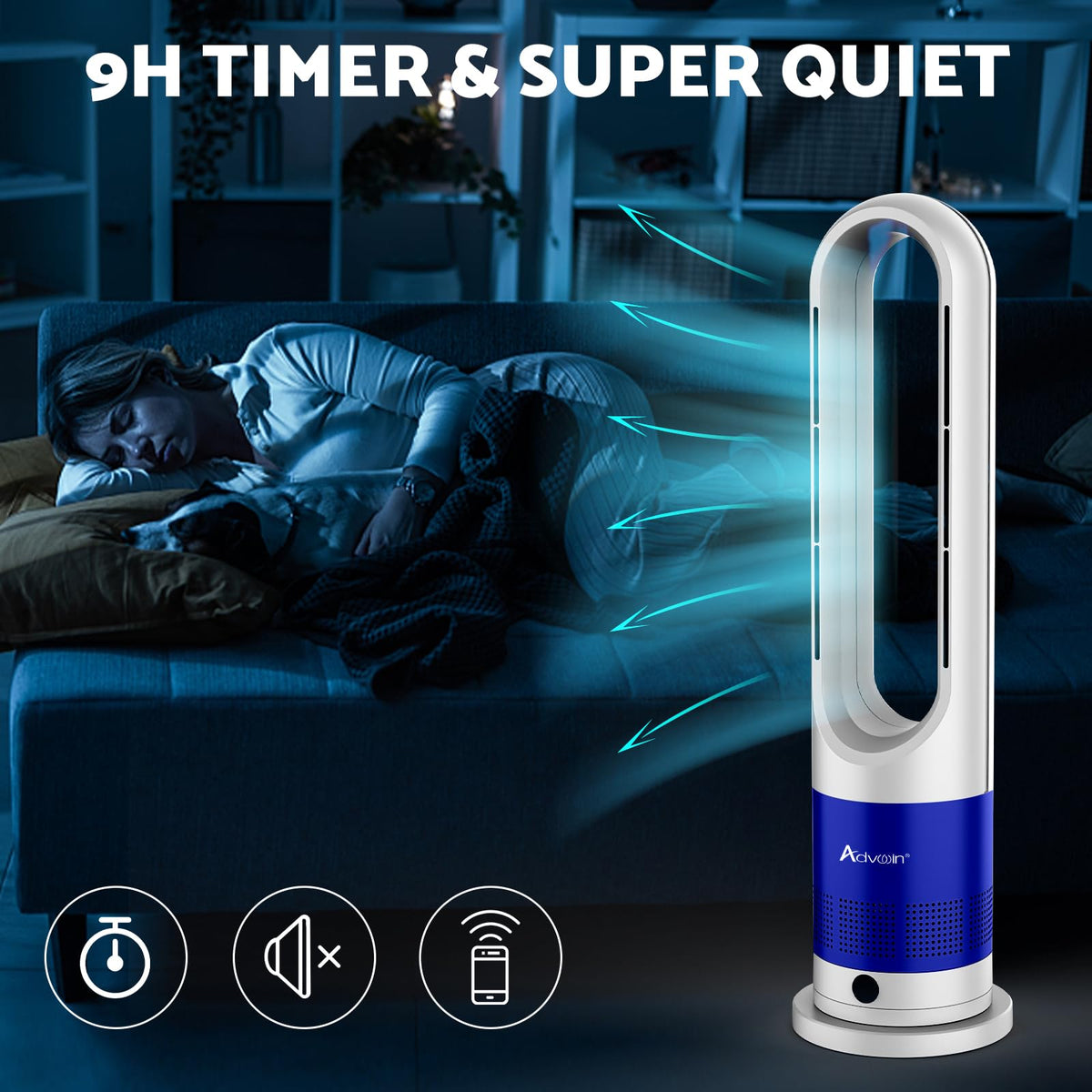 ADVWIN Bladeless Tower Fan Heater 2 in 1 Blue & White Cooling DEMO