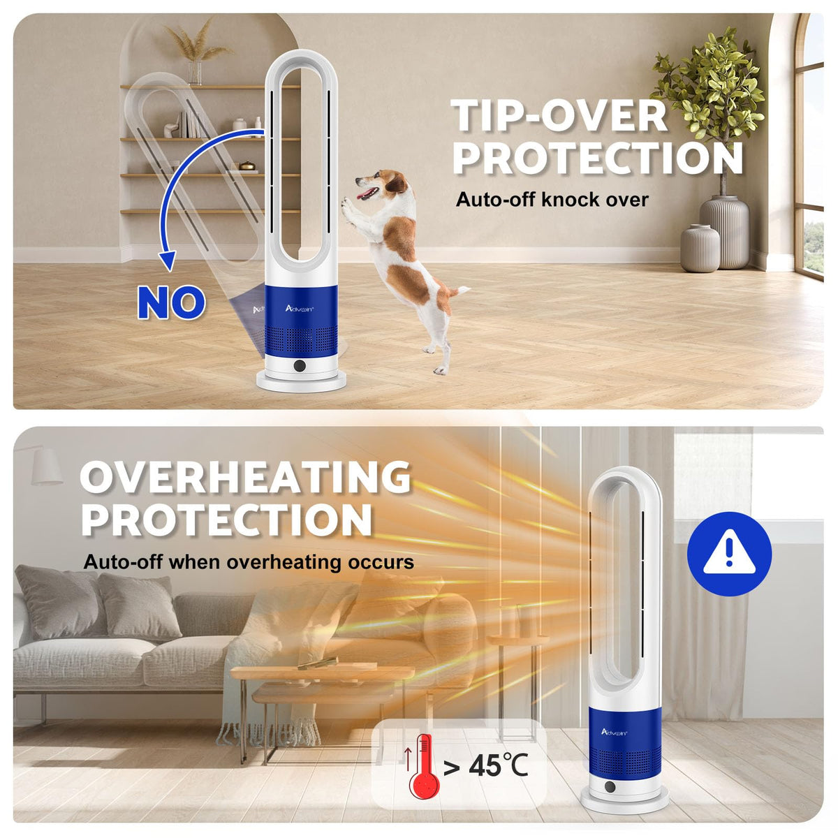 ADVWIN Bladeless Tower Fan Heater 2 in 1 Blue & White Cooling DEMO