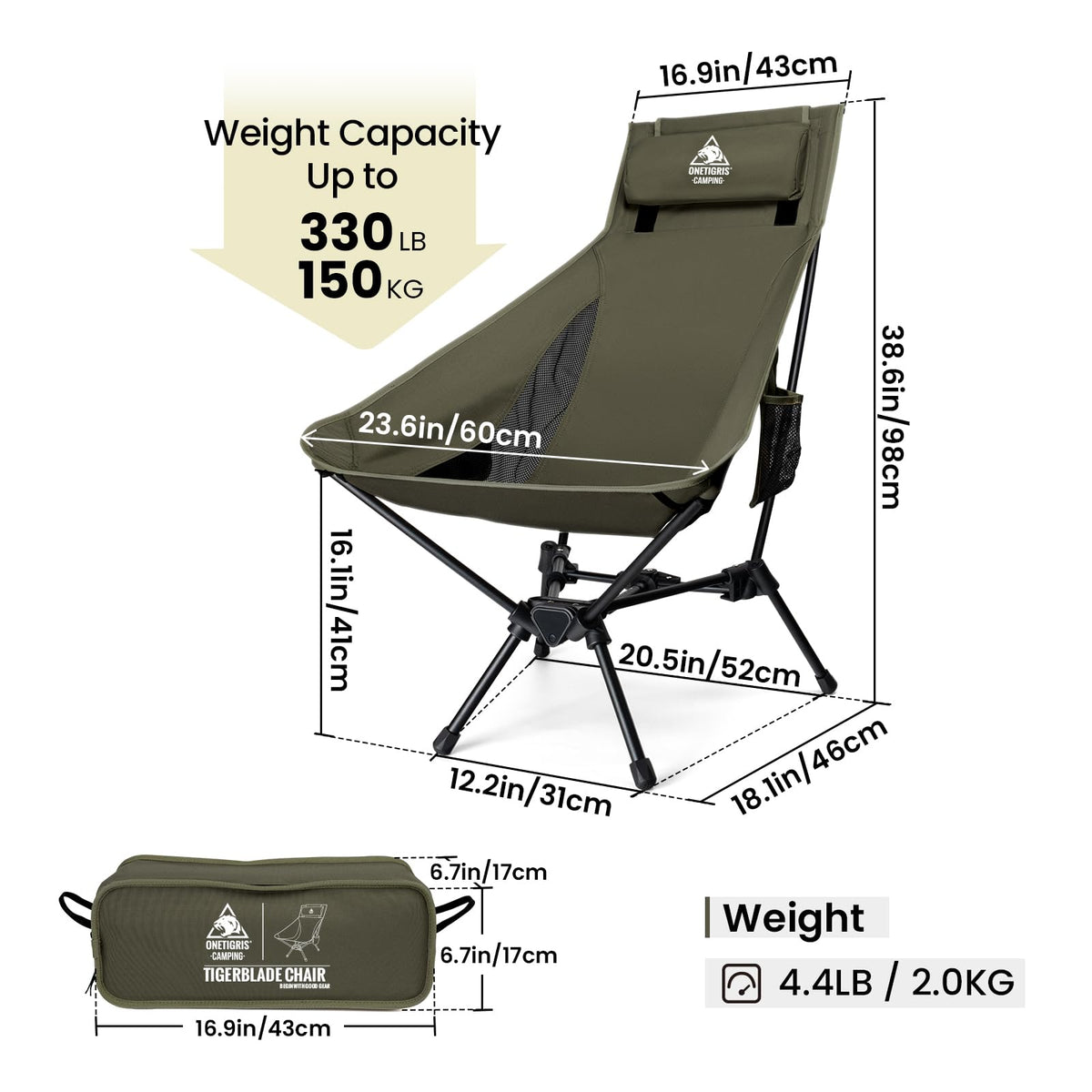 OneTigris Tigerblade Chairs High Back Camping Chair Ranger Green 18x24inch NEW