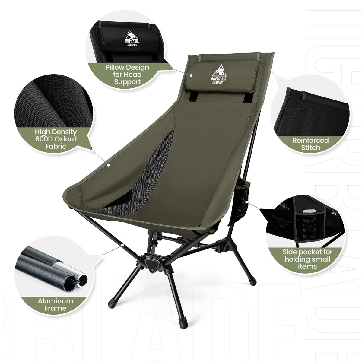 OneTigris Tigerblade Chairs High Back Camping Chair Ranger Green 18x24inch NEW
