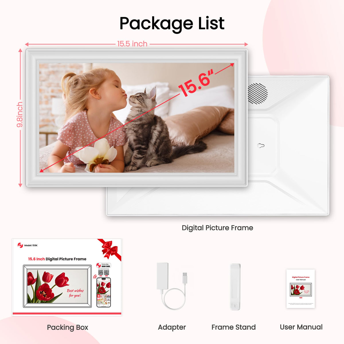 Frameo 15.6" White Digital Picture Frame 64GB Display NEW