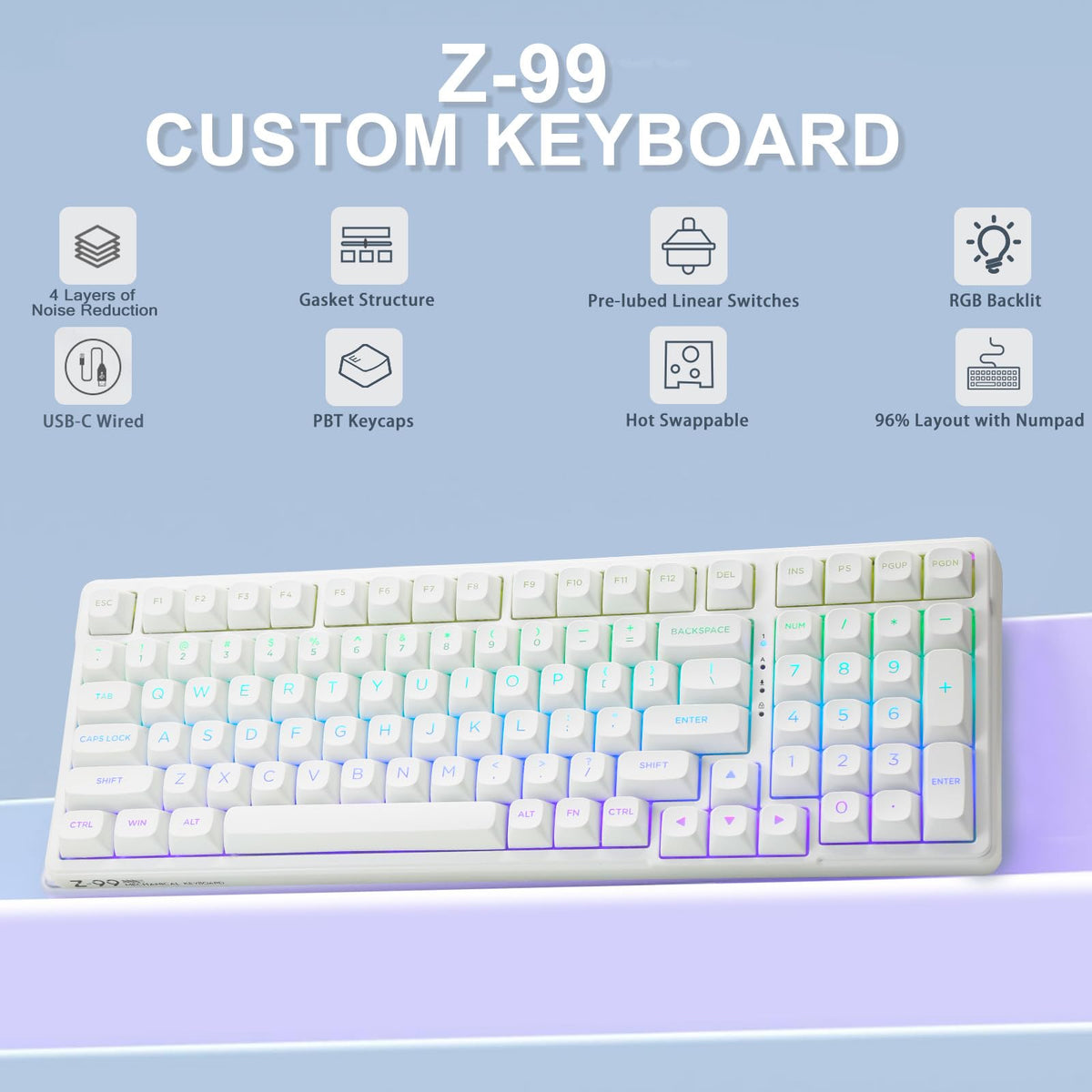 E-YOOSO White 96% Mechanical Gaming Keyboard Wired NEW