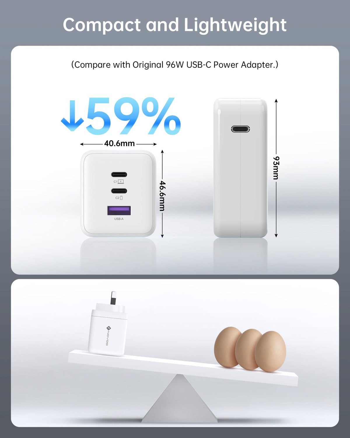 NOVOO 100W Mains Chargers USB-C Fast Charger GaN III 3-Port White Power NEW