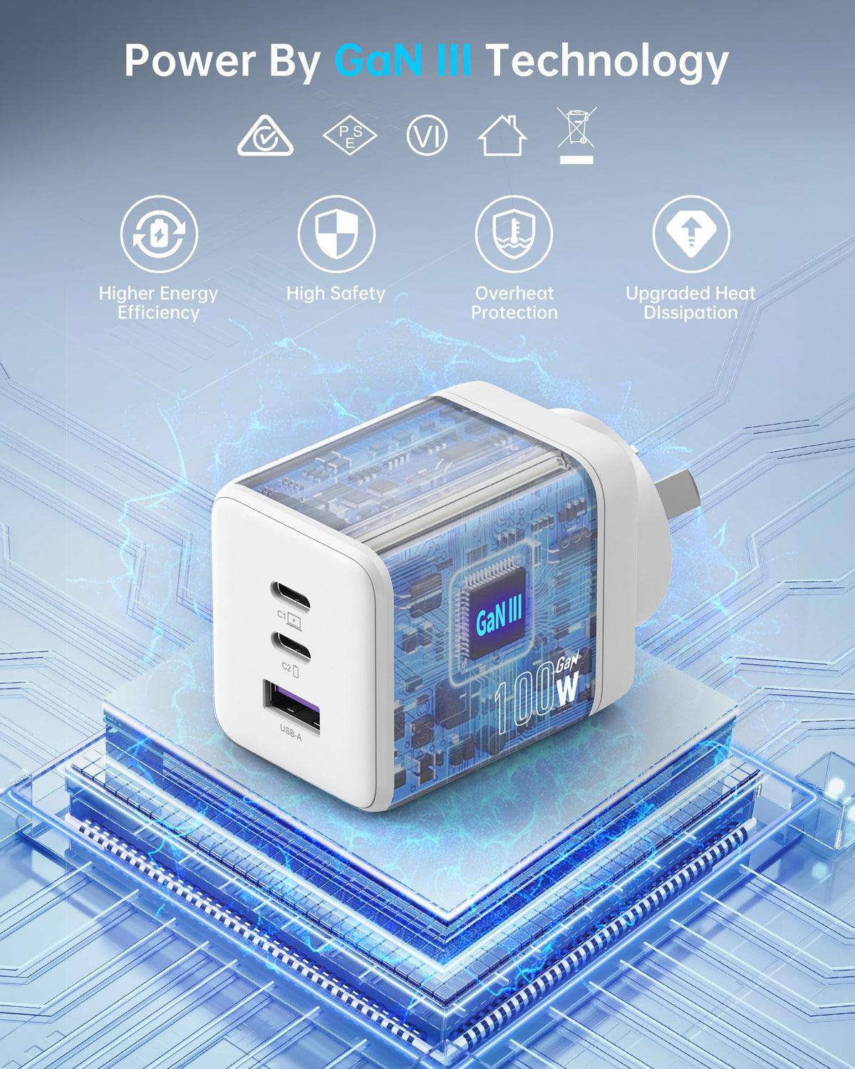 NOVOO 100W Mains Chargers USB-C Fast Charger GaN III 3-Port White Power NEW