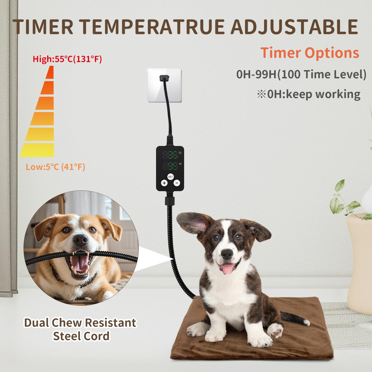 Heating Pet Bed Mat Brown M 50x40cm Adjustable Temperature Waterproof NEW