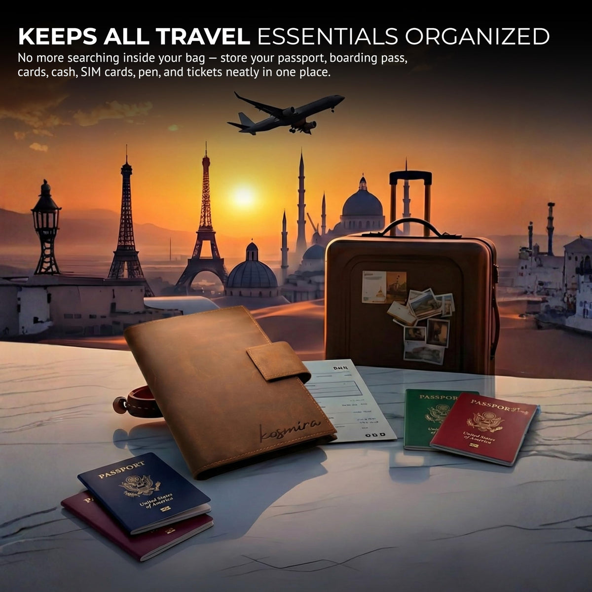 Kosmira Brown Leather Passport Holder with RFID Blocking Travel Wallet NEW