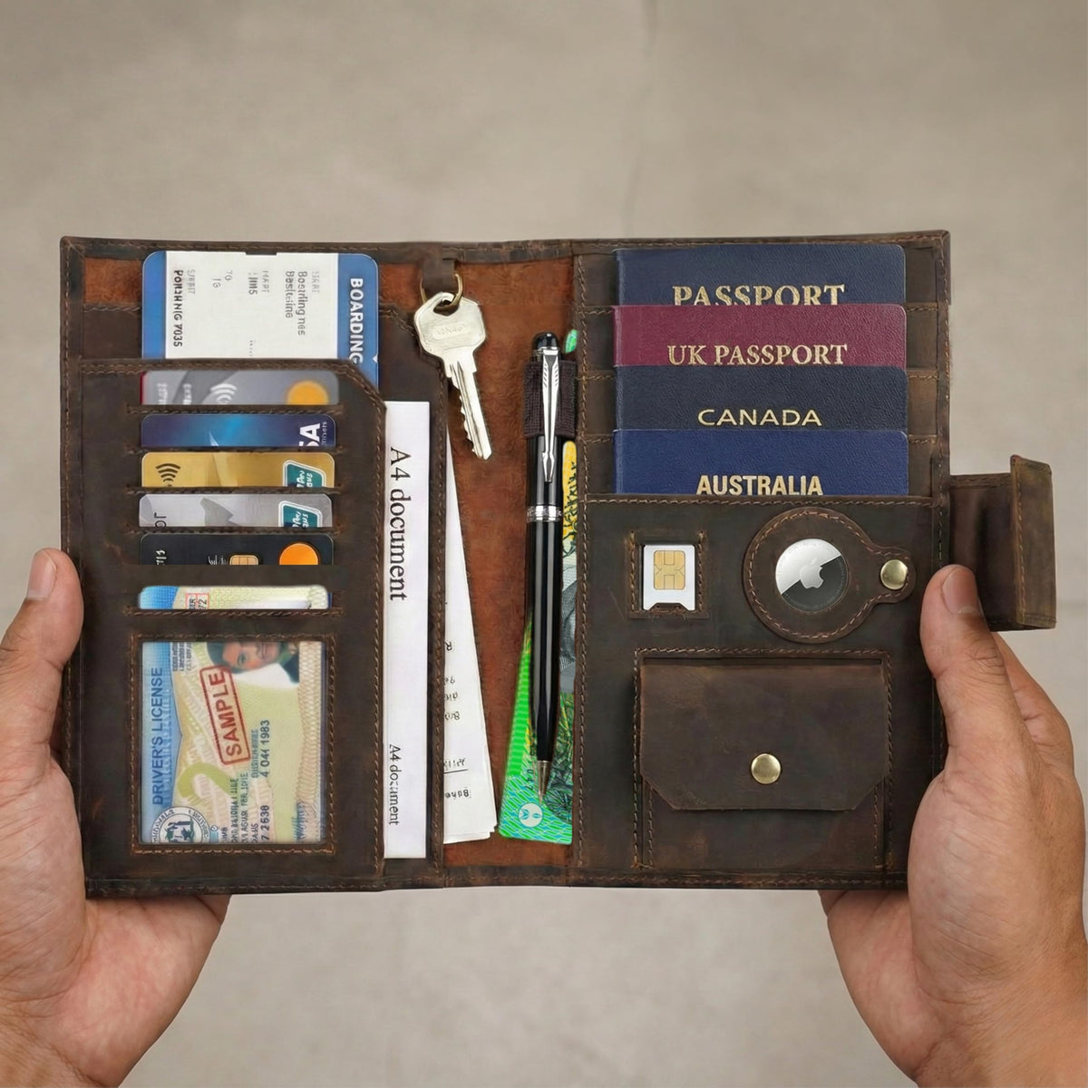 Kosmira Brown Leather Passport Holder with RFID Blocking Travel Wallet NEW