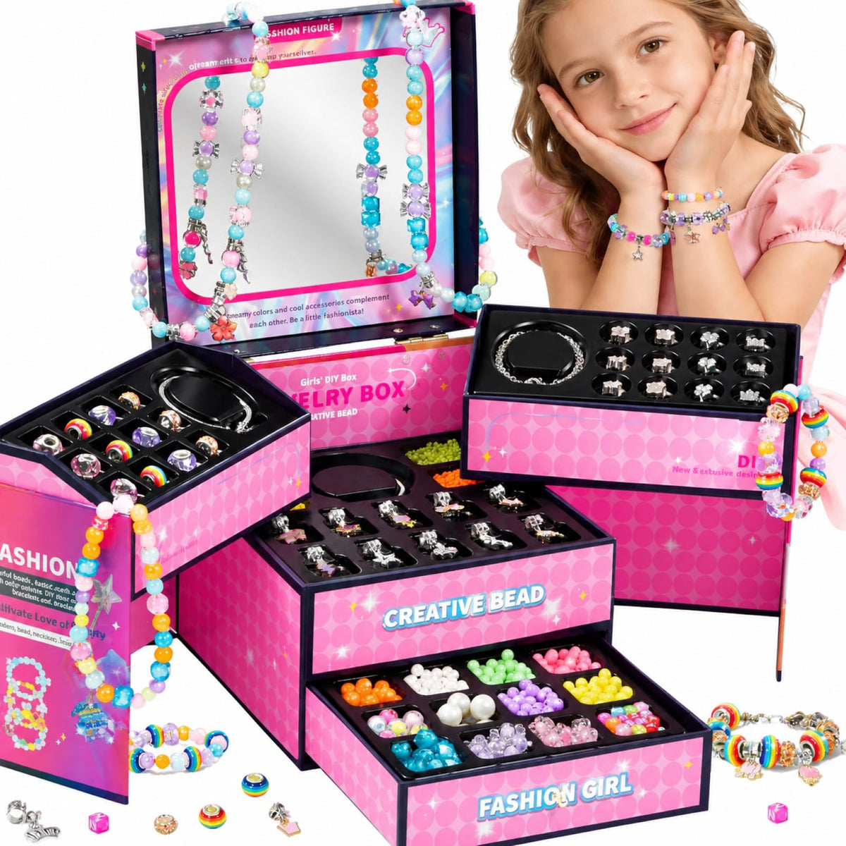 DIY Jewellery Making Kit Charm Bracelet Set - Pink NEW
