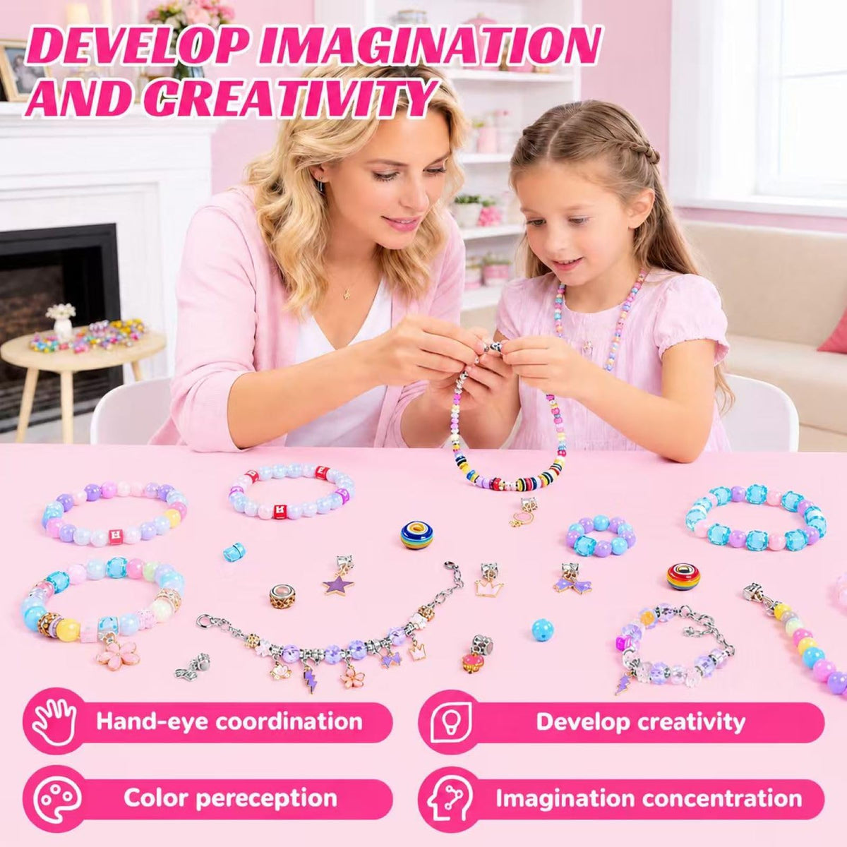 DIY Jewellery Making Kit Charm Bracelet Set - Pink NEW