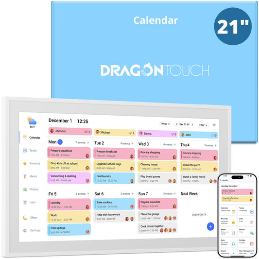 Dragon Touch 21.5" Digital Wall Calendar 1080P Full HD White NEW