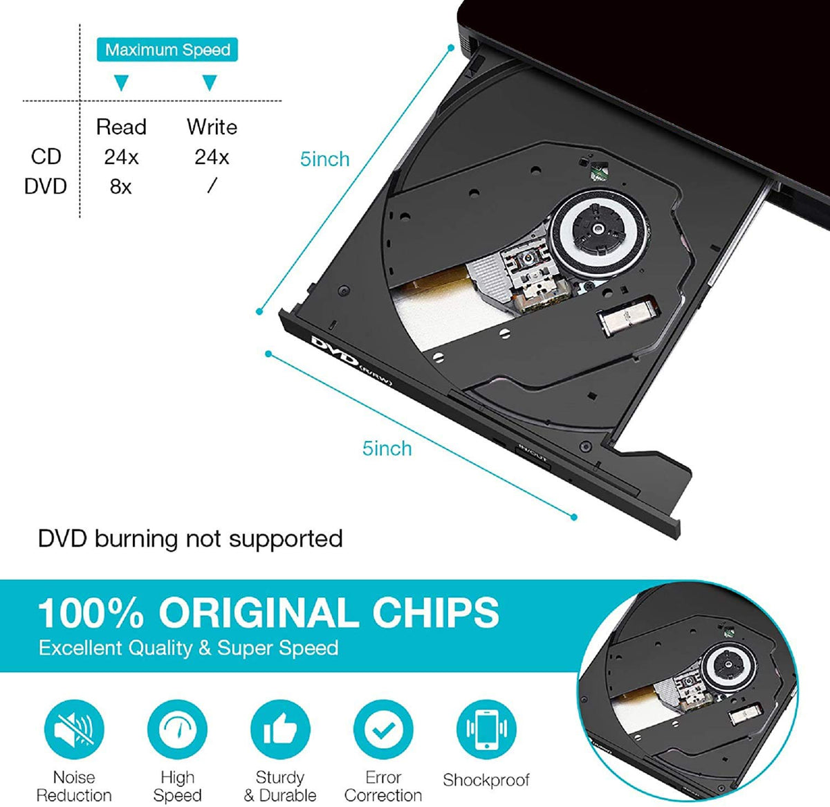 Slim Portable DVD Players External CD DVD Drive Rewriter Burner - Black NEW