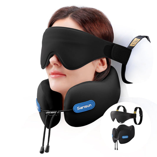 SARISUN Travel Neck Pillow Memory Foam with 3D Eye Mask - Black DEMO