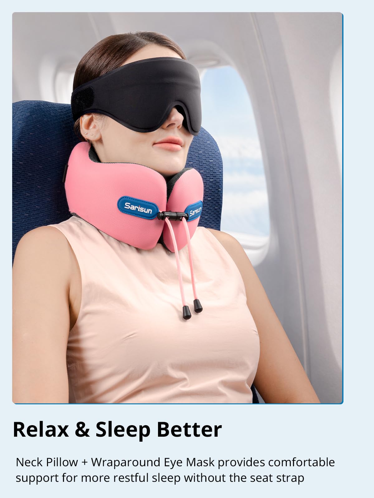SARISUN Travel Neck Pillow Memory Foam with 3D Eye Mask - Black DEMO