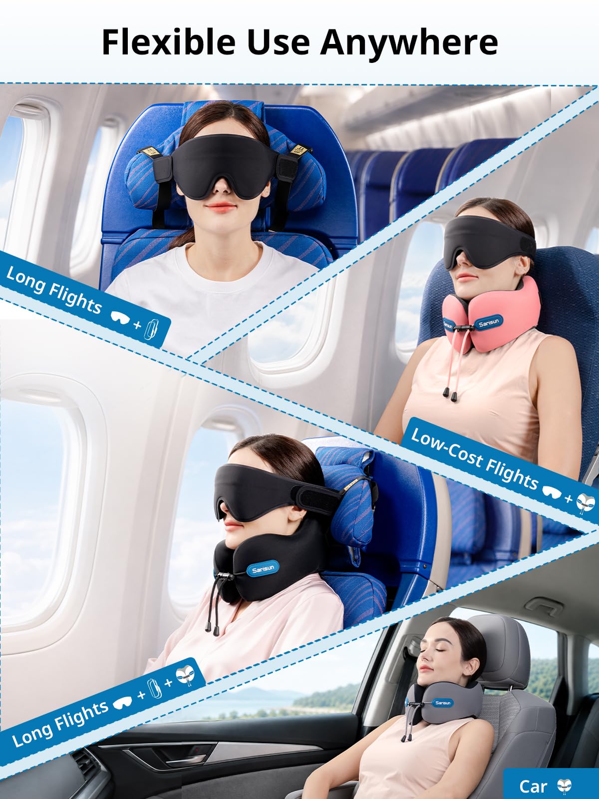 SARISUN Travel Neck Pillow Memory Foam with 3D Eye Mask - Black DEMO