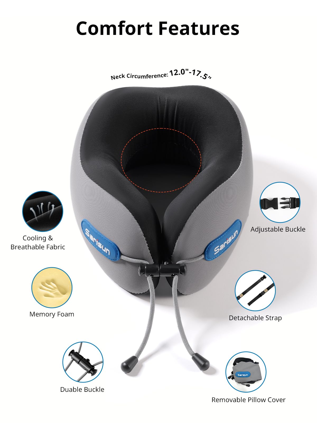 SARISUN Travel Neck Pillow Memory Foam with 3D Eye Mask - Black DEMO