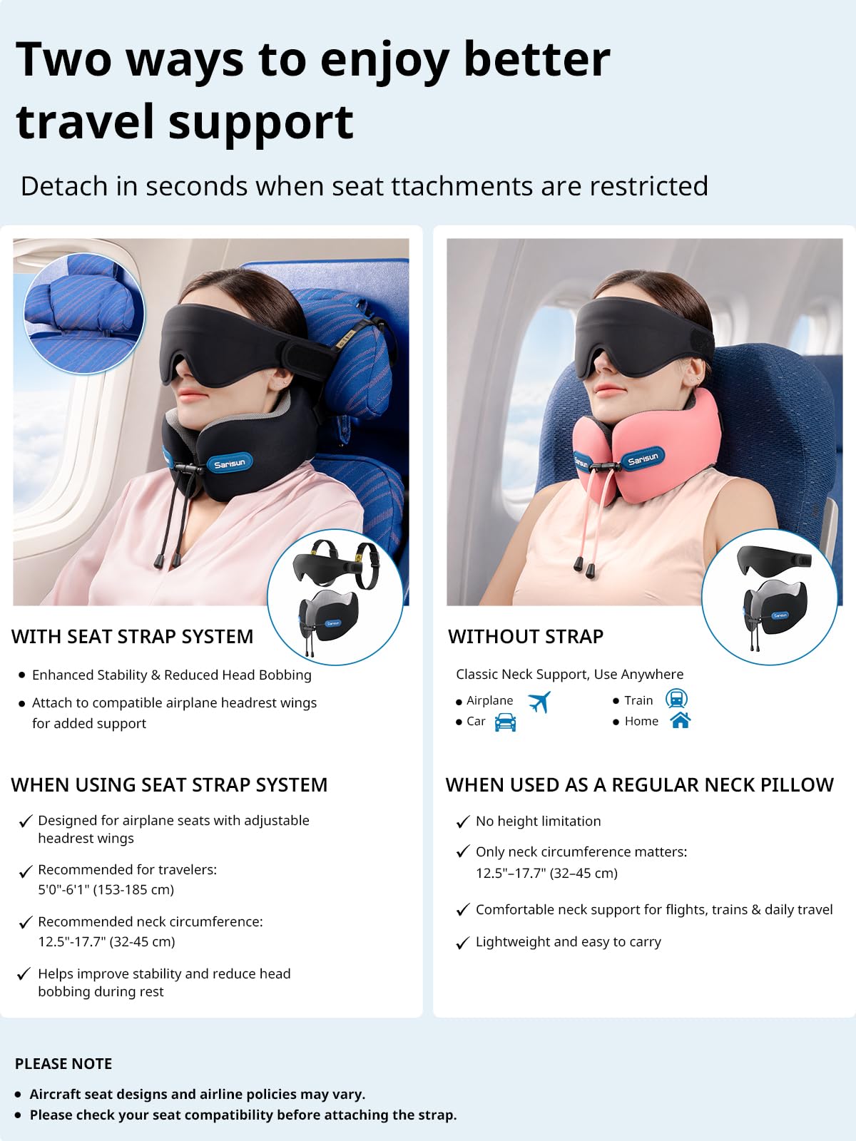 SARISUN Travel Neck Pillow Memory Foam with 3D Eye Mask - Black DEMO