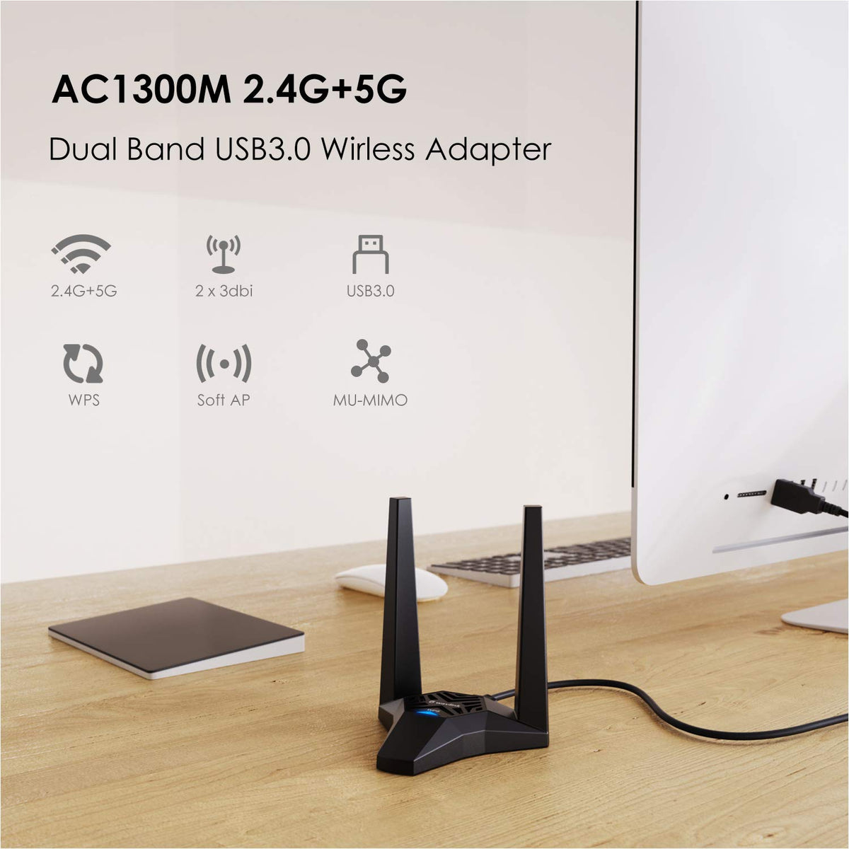 WAVLINK AC1300 USB 3.0 Wireless Network Adapter Black 1300Mbps NEW